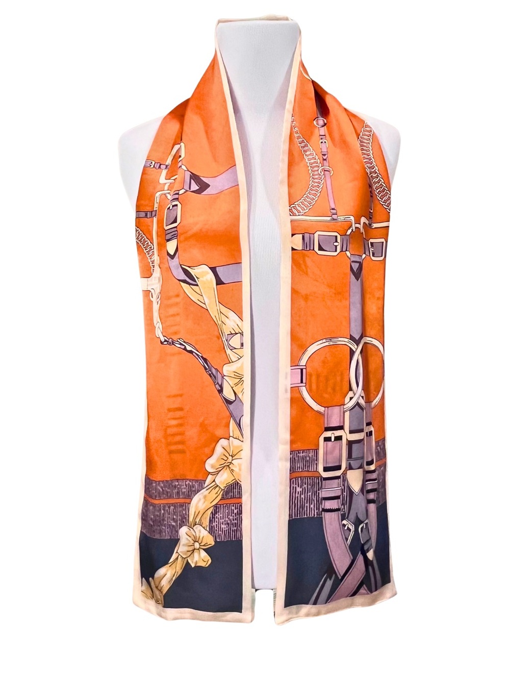 Silk Equestrian Floral Print Scarf in Orange, Purple, & Cream
